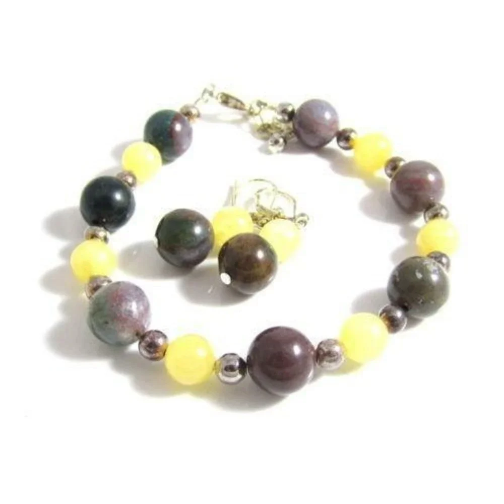 ARTISAN YELLOW, PURPLE, GREEN AGATE GEM SILVER BRACELET & DROP‎ EARRING SET